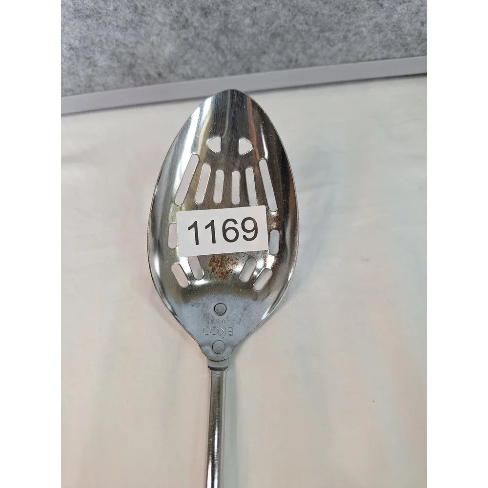 Vintage EKCO USA Slotted Spoon Stainless Steel Black Handle Kitchen Utensil 12in